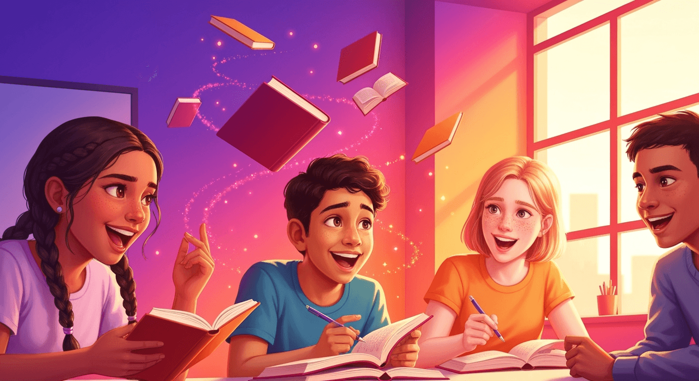 Happy students studying together